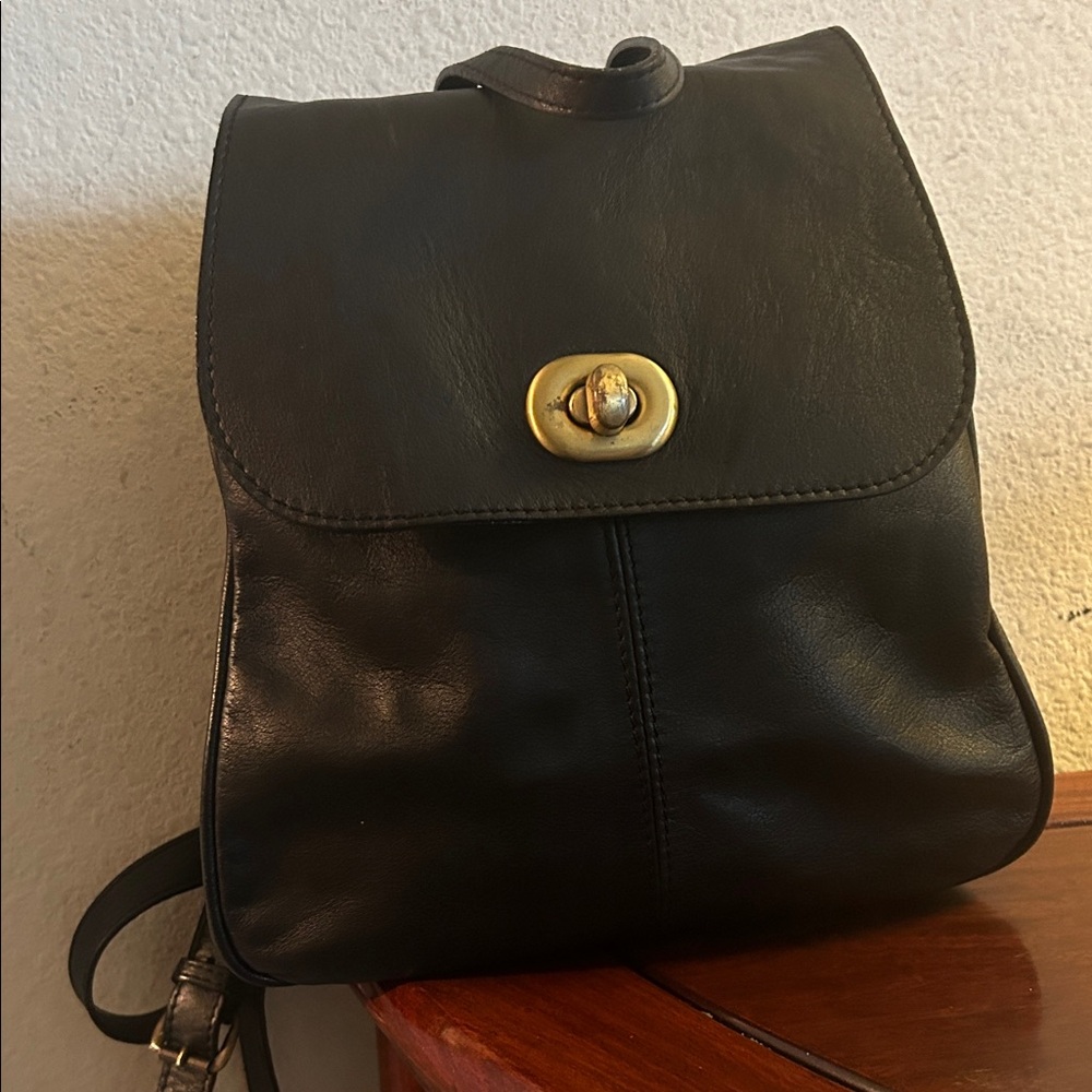 Classic Black Leather Women's Backpack with Turn-Lock Closure